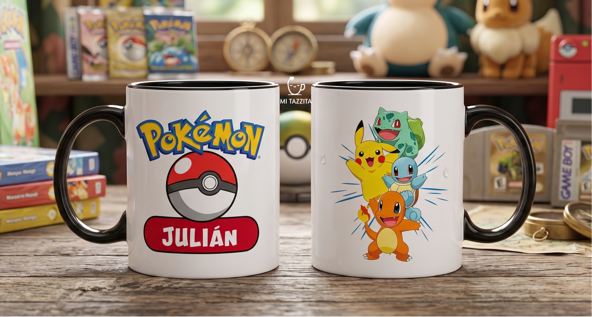 Taza Equipo Pokémon Personalizada con Nombre - Taza Blanca y Negra de 11 oz.