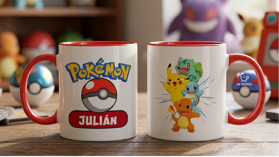 Taza Equipo Pokémon Personalizada con Nombre - Blanca y Roja de 11 oz.