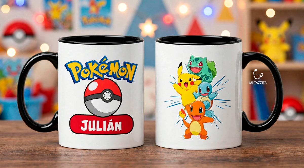Taza Equipo Pokémon Personalizada con Nombre - Taza Blanca y Negra de 11 oz.