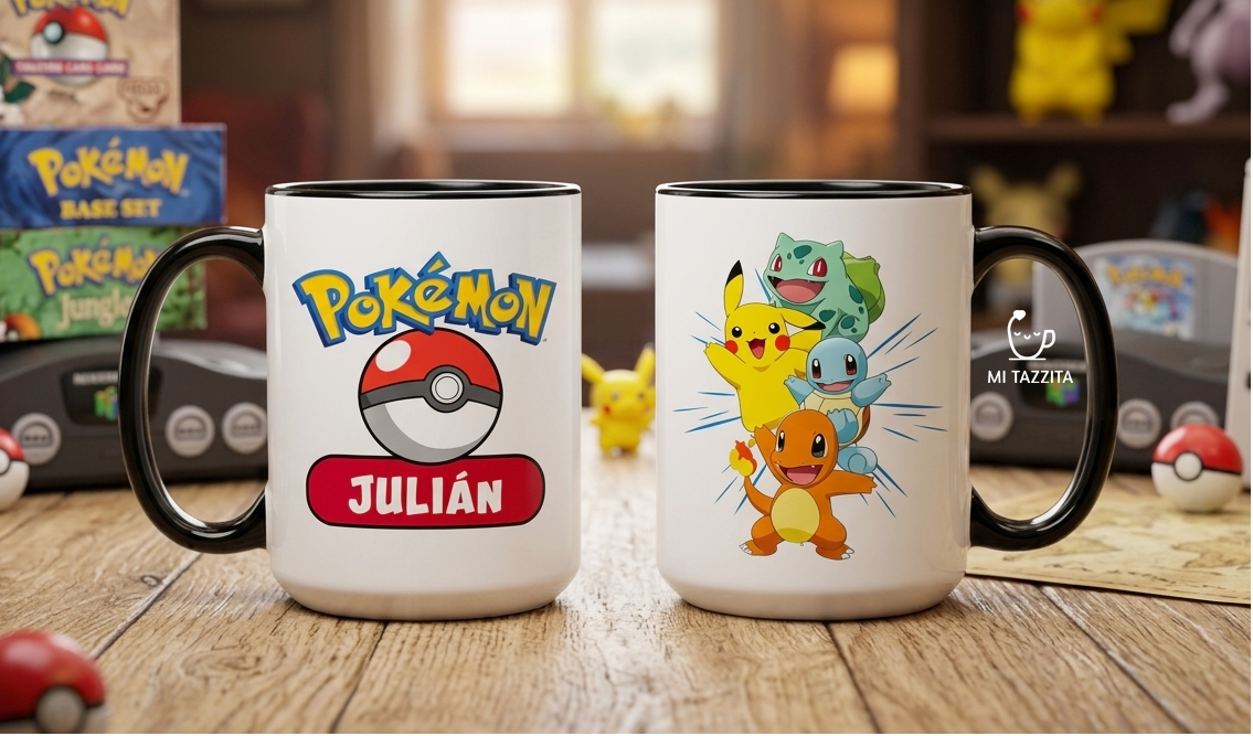 Taza Equipo Pokémon Personalizada con Nombre - Taza Blanca y Negra de 15 oz.