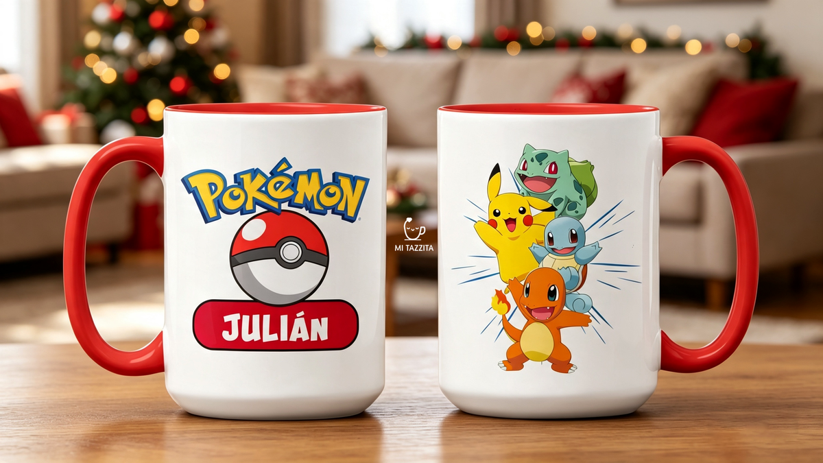 Taza Equipo Pokémon Personalizada con Nombre - Taza Blanca y Roja de 15 oz.