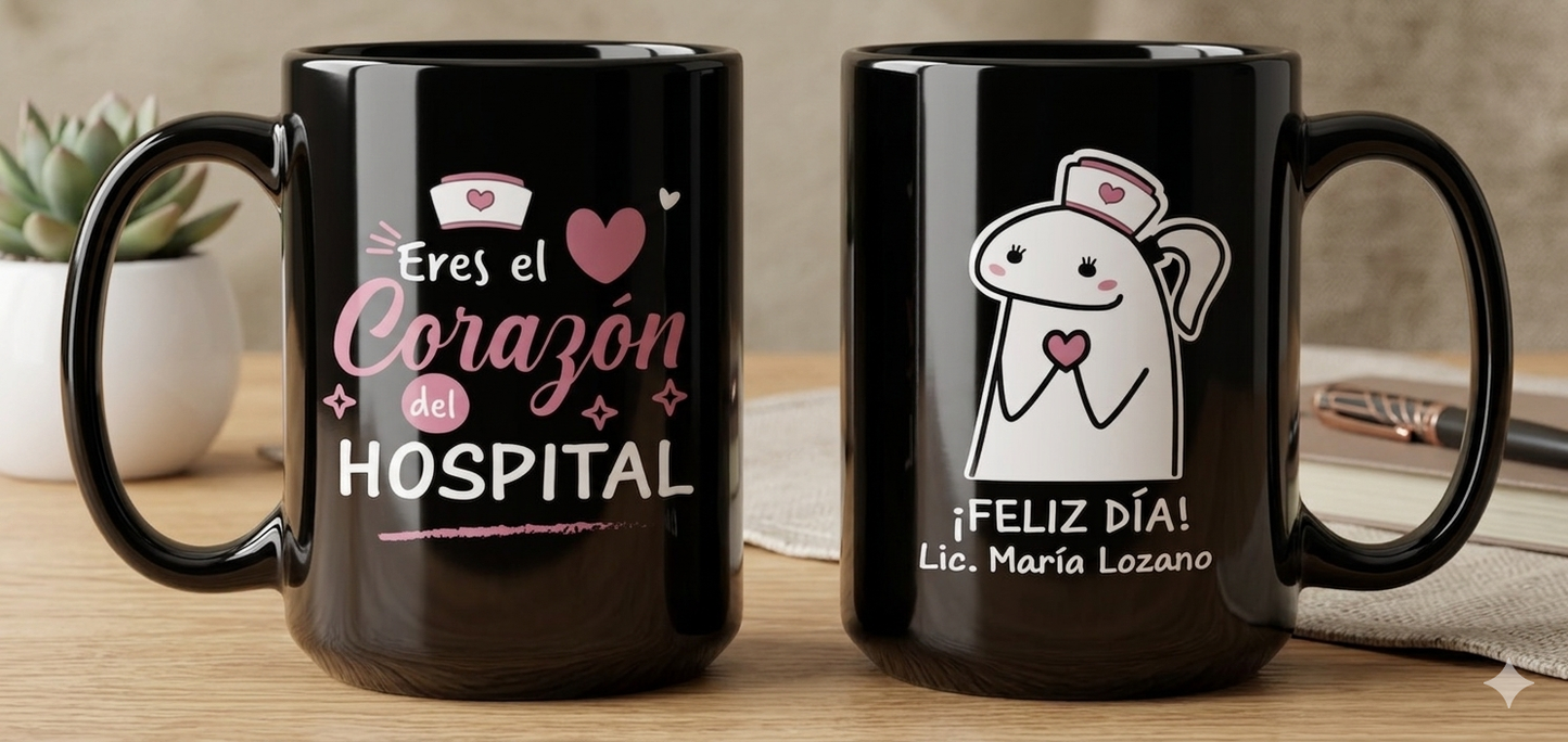 Taza Eres el Corazón del Hospital - Taza Negro 15 oz - Taza Enfermera