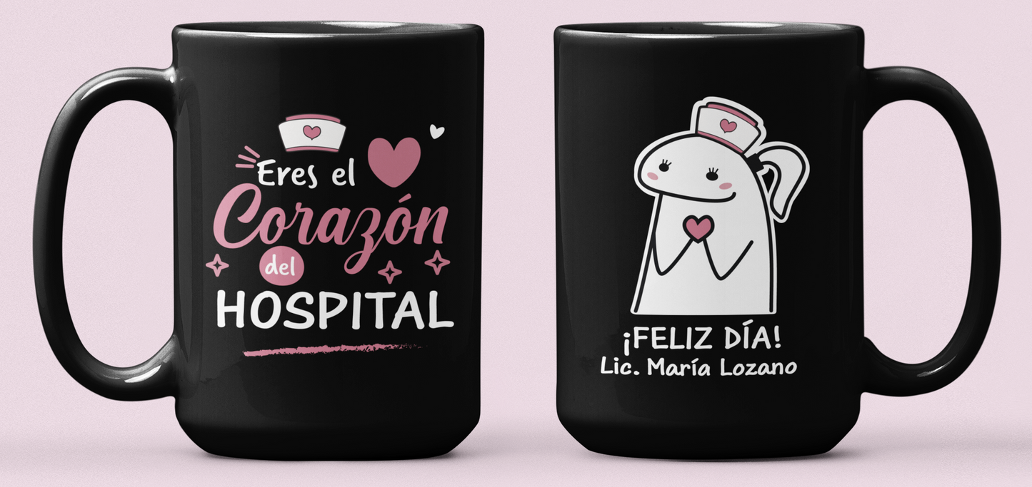 Taza Eres el Corazón del Hospital - Taza Negra 15 oz - Taza Enfermera