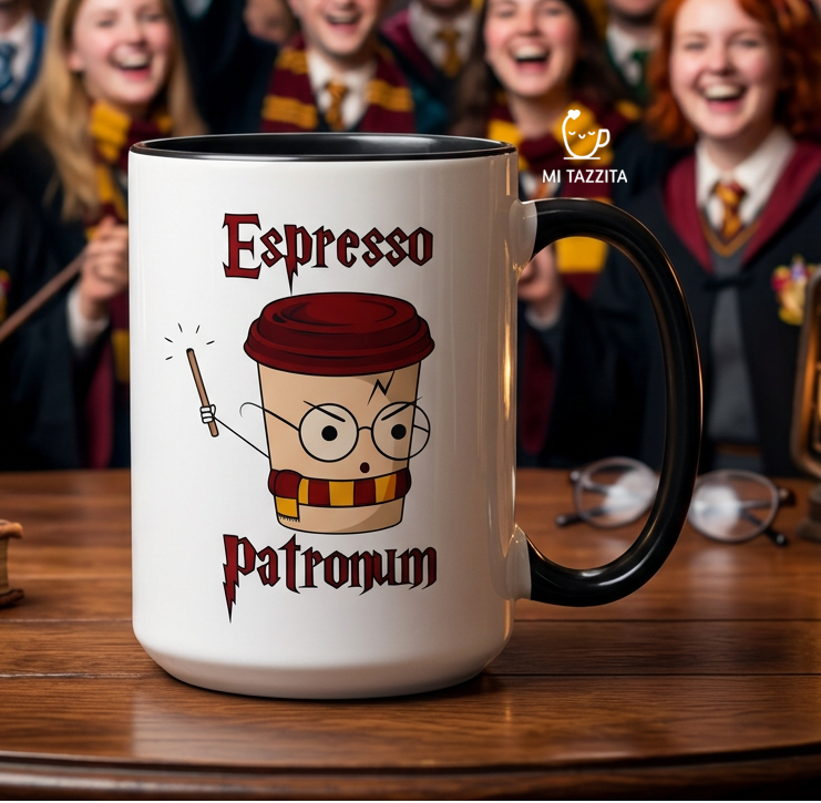 Taza Espresso Patronum | Tazas Harry Potter / Taza Blanca con Negra 15 oz.