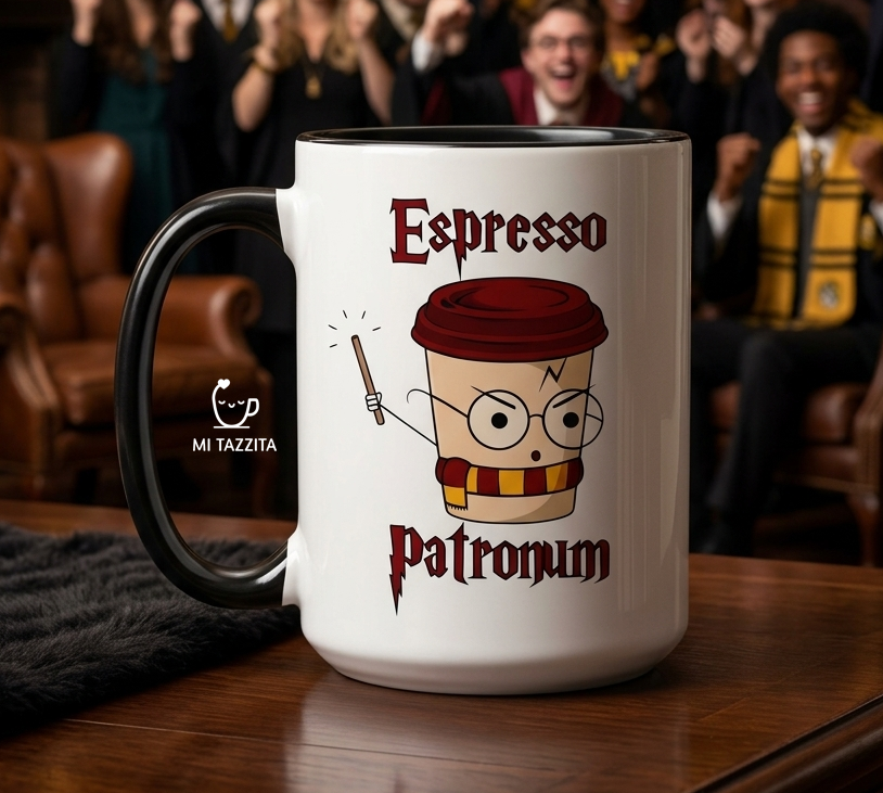 Taza Espresso Patronum | Tazas Harry Potter / Taza Blanca con Negro de 15 oz.