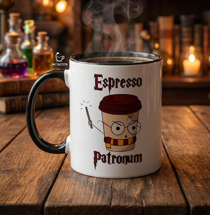 Taza Espresso Patronum | Tazas Harry Potter / Taza Blanca y Negra de 11 oz.