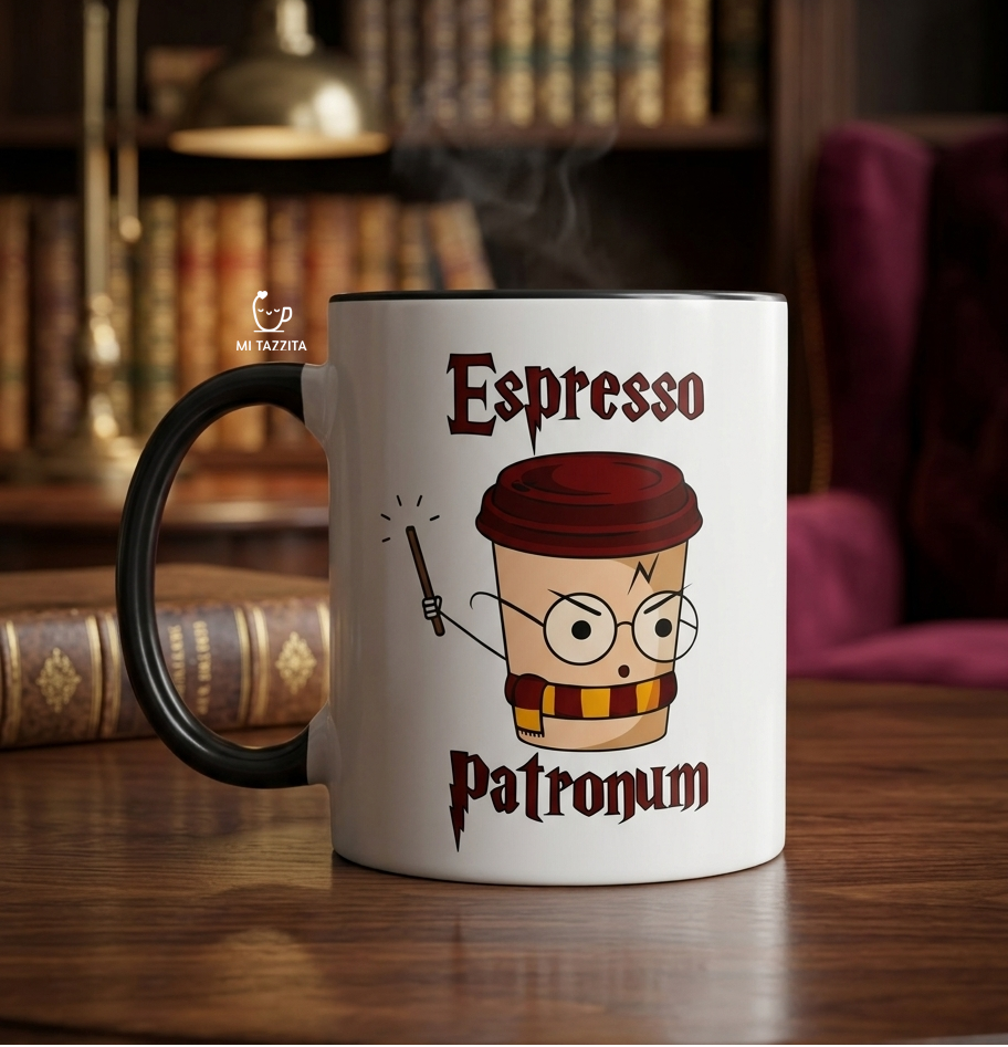Taza Espresso Patronum | Tazas Harry Potter / Taza Blanca con Negra 11 oz.