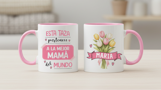 Taza Esta Taza Pertenece a la Mejor Mamá del Mundo con Nombre | Tazas Día de la Madre - Tazas para Mamá | Taza Blanca y Rosada de 11 oz
