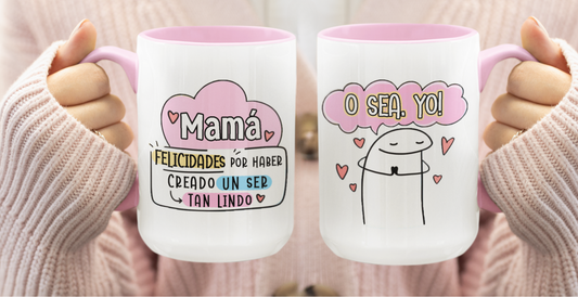 Taza Felicidades por haber creado un ser tan lindo como yo - Taza Blanca y Rosada 15 oz - Taza Día de la Madre Taza para Mamá