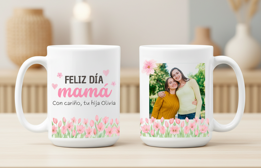 Taza Feliz Día Mamá Personalizado con tu Nombre y Foto | Tazas Día de la Madre - Tazas para Mamá | Taza Blanca de 15 oz