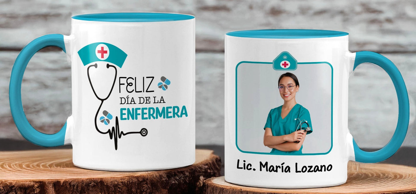 Taza Feliz Día de la Enfermera Personalizado con Foto - Taza Blanca y Celeste 11 oz - Taza Enfermera