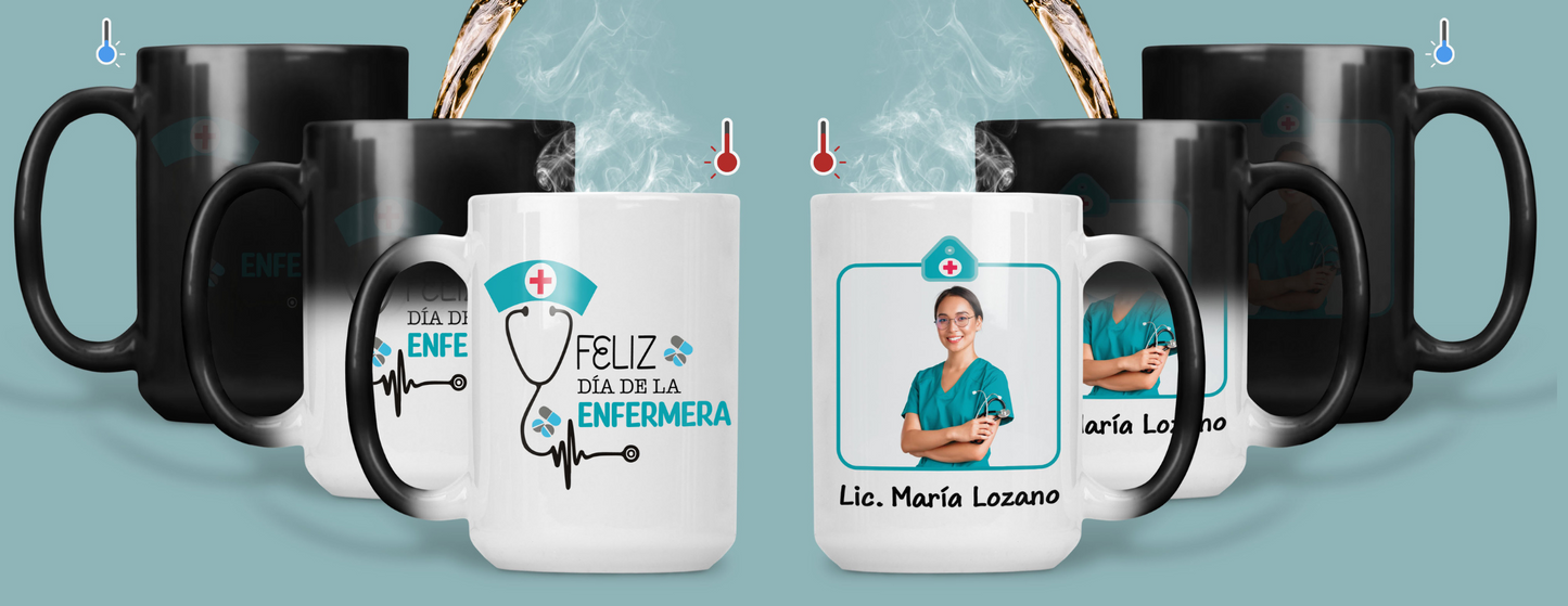 Taza Feliz Día de la Enfermera Personalizado con Foto - Taza Mágica 15 oz - Taza Enfermera