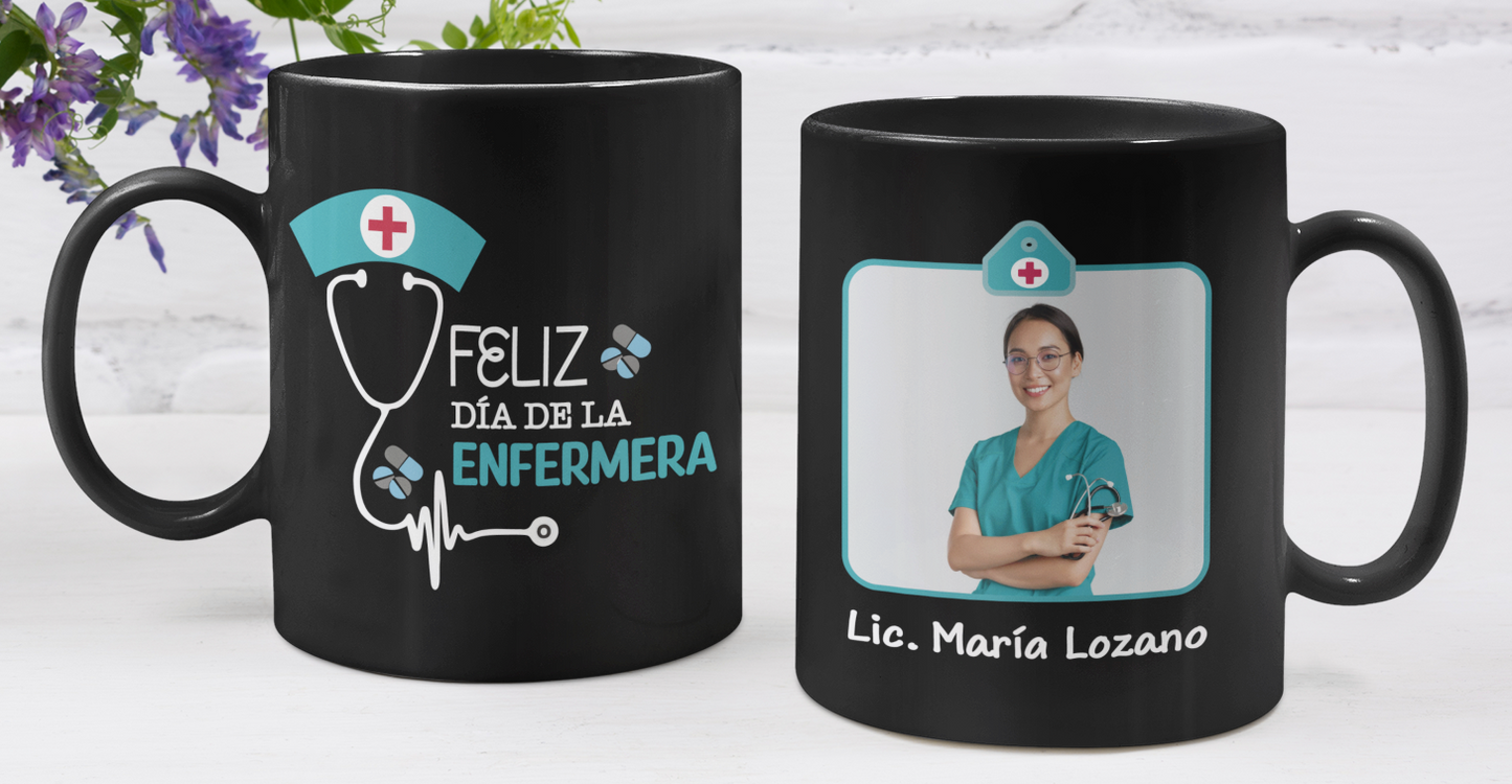 Taza Feliz Día de la Enfermera Personalizado con Foto - Taza Negra 11 oz - Taza Enfermera
