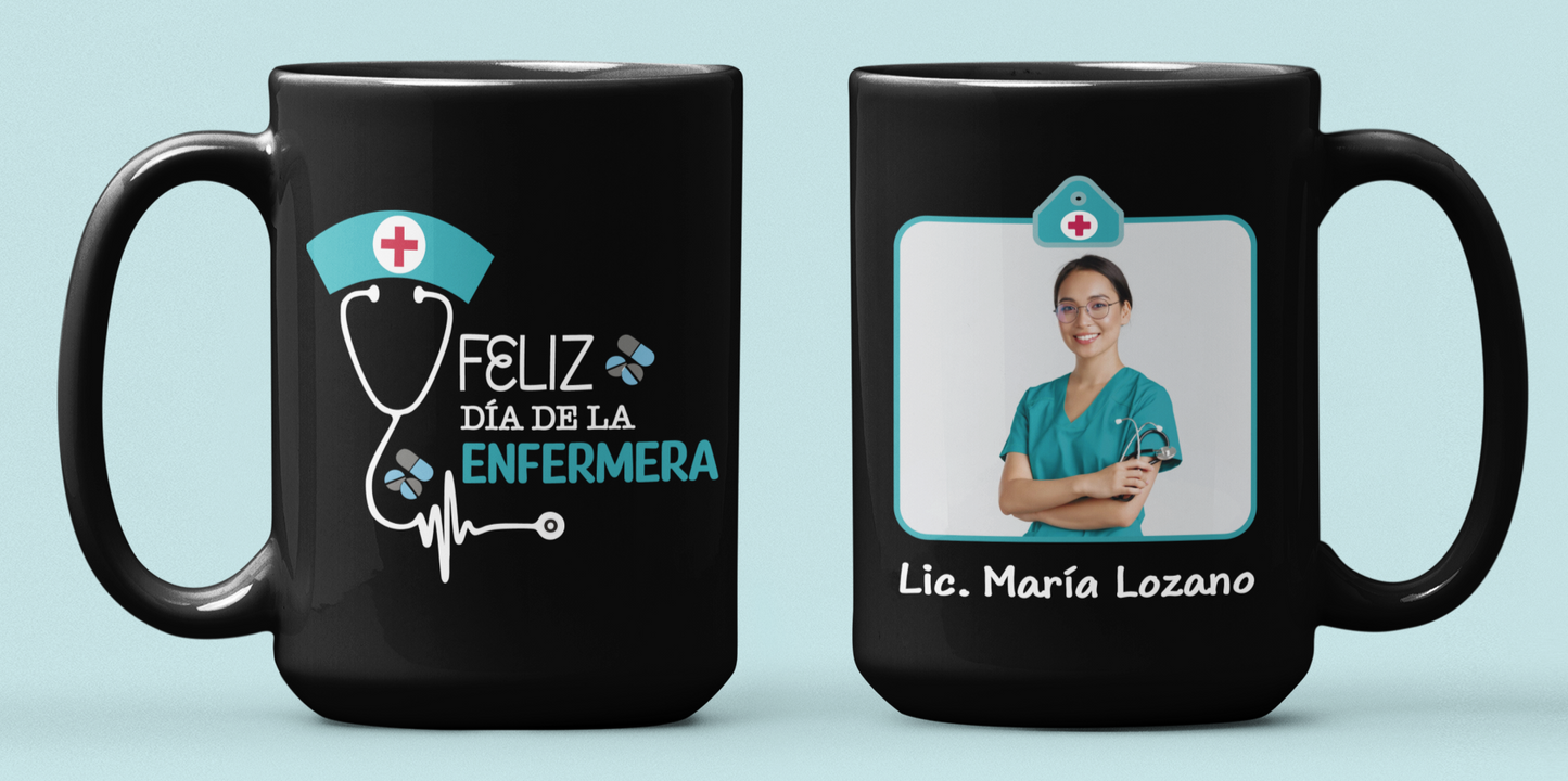 Taza Feliz Día de la Enfermera Personalizado con Foto - Taza Negra 15 oz - Taza Enfermera