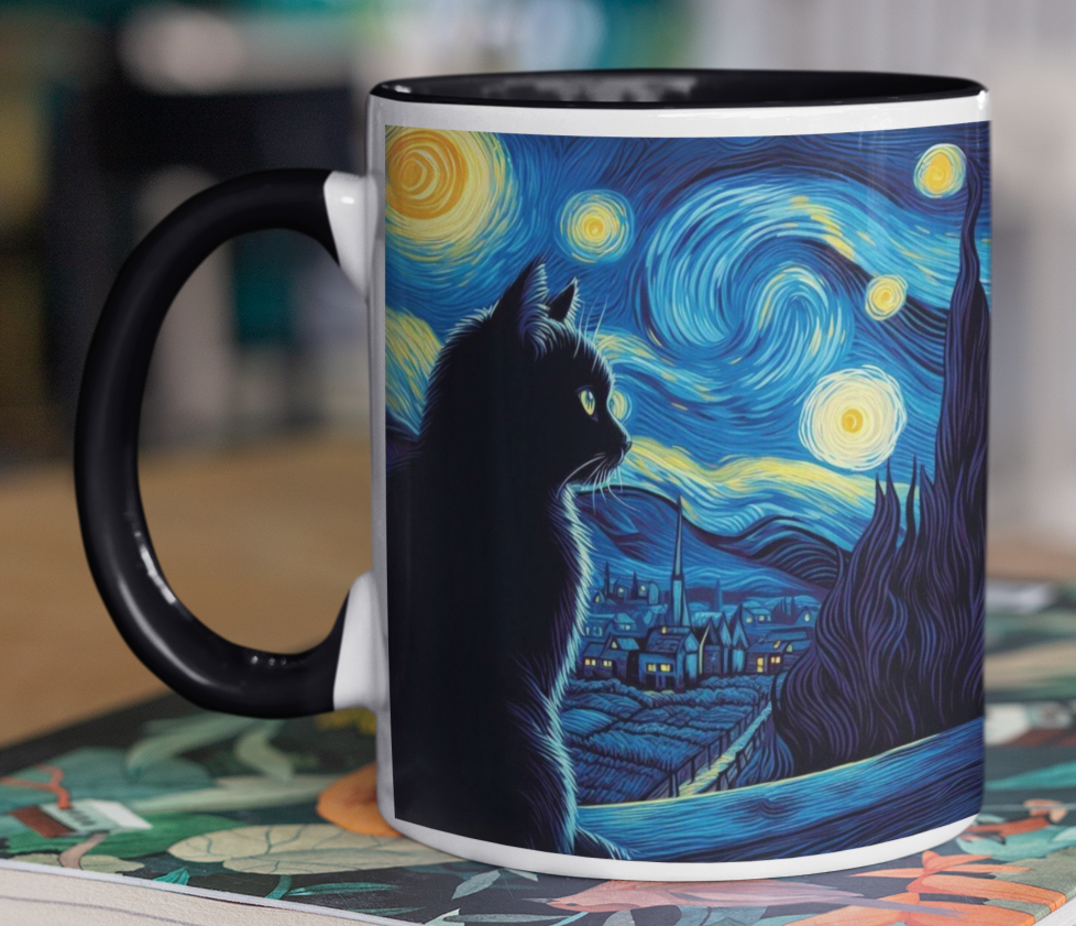 Taza Gatito Negro Mirando la Noche Estrellada - Taza Blanco y Negro 11 oz - Taza Van Gogh