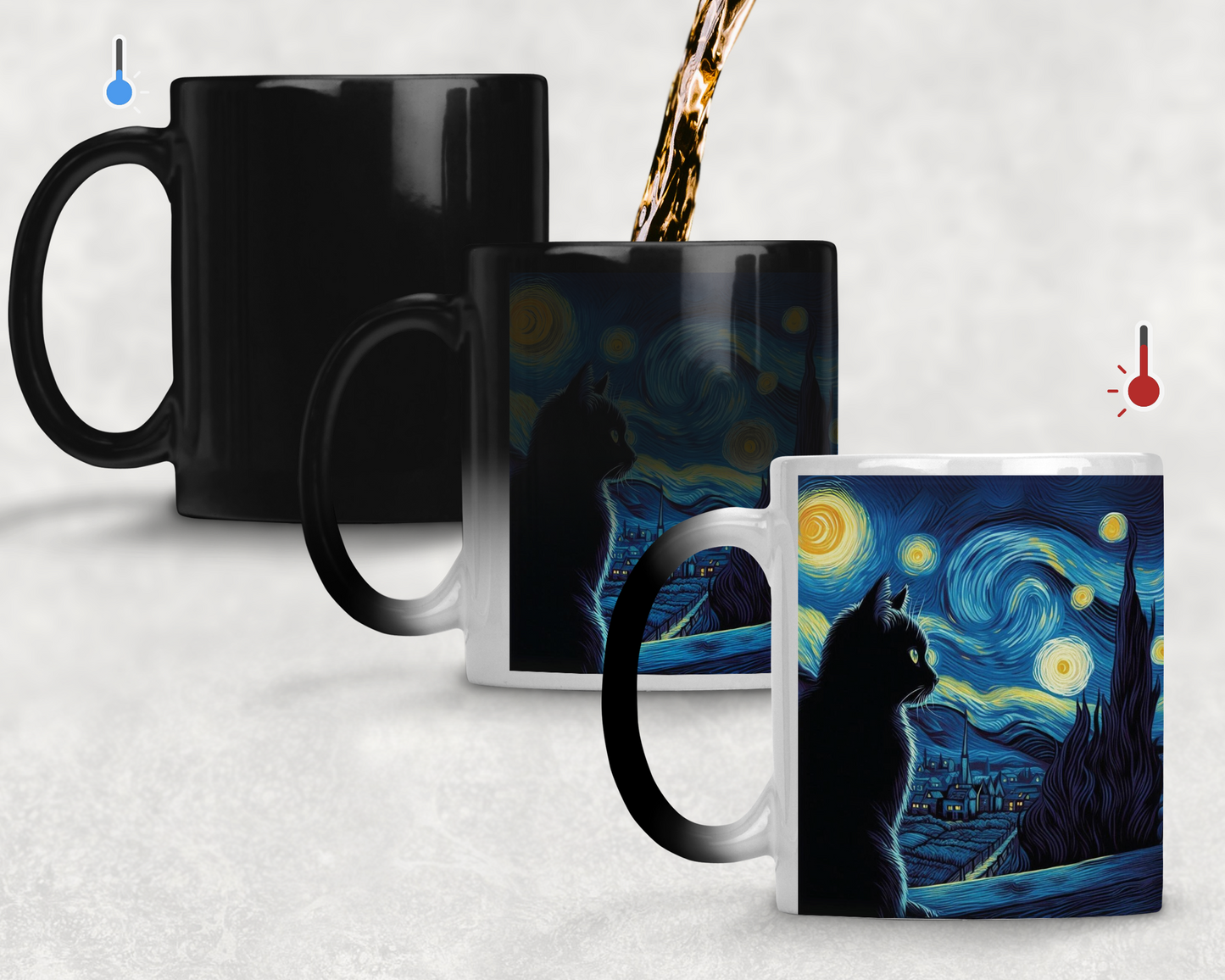 Taza Gatito Negro Mirando la Noche Estrellada - Taza Mágica 11 oz - Taza Van Gogh