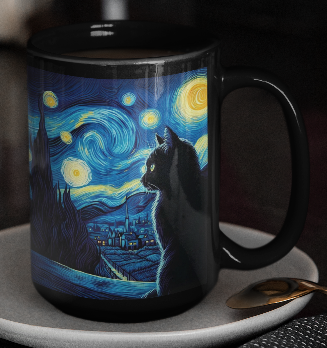 Taza Gatito Negro Mirando la Noche Estrellada - Taza Negro 15 oz- Taza Van Gogh
