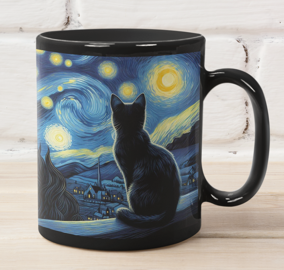 Taza Gato Negro en La Noche Estrellada - Taza Van Gogh
