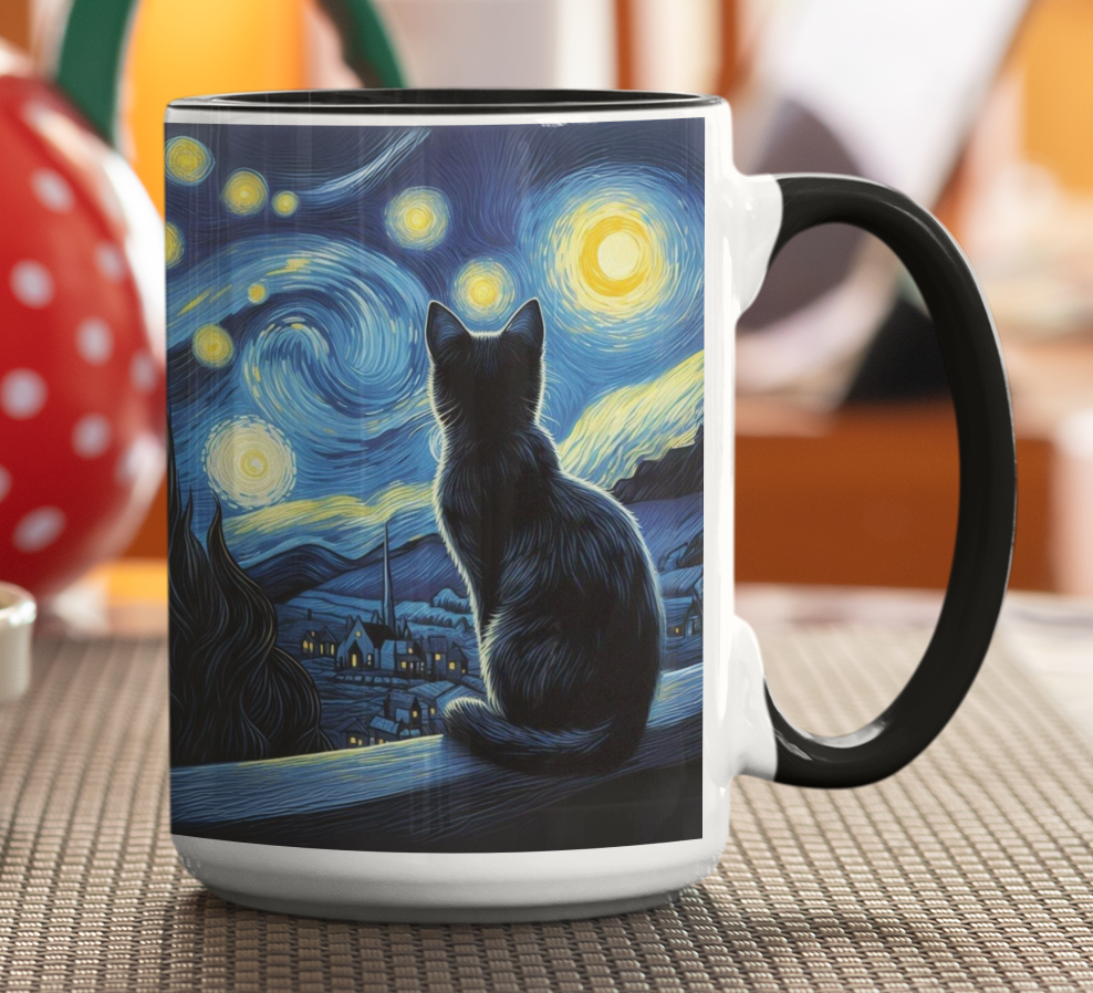 Taza Gatito Negro en la Noche Estrellada - Taza Van Gogh