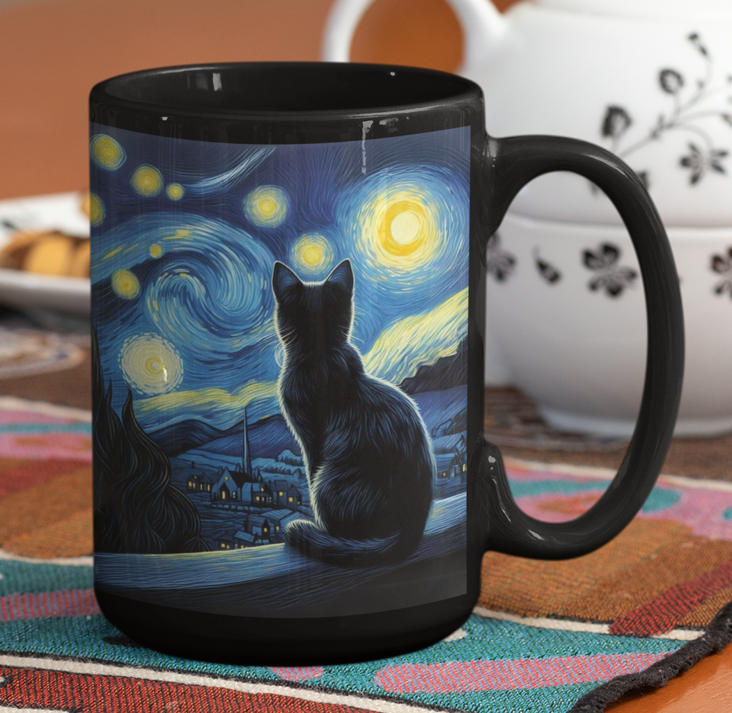 Taza Gatito Negro en la Noche Estrellada - Taza Van Gogh