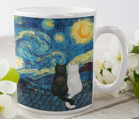 Taza Gatitos Enamorados en La Noche Estrellada - Taza San Valentín para Parejas