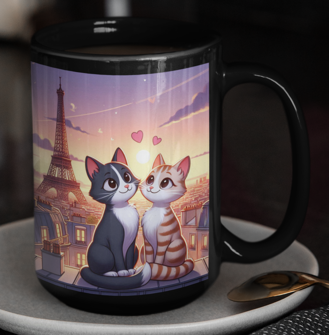 Taza Gatitos Enamorados en París  -Taza Negra 15 oz - Taza Gato
