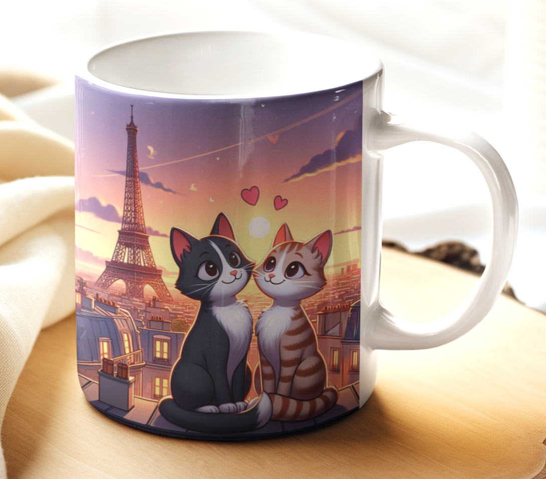 Taza Gatitos Enamorados en París  -Taza Blanca 11 oz - Taza Gato