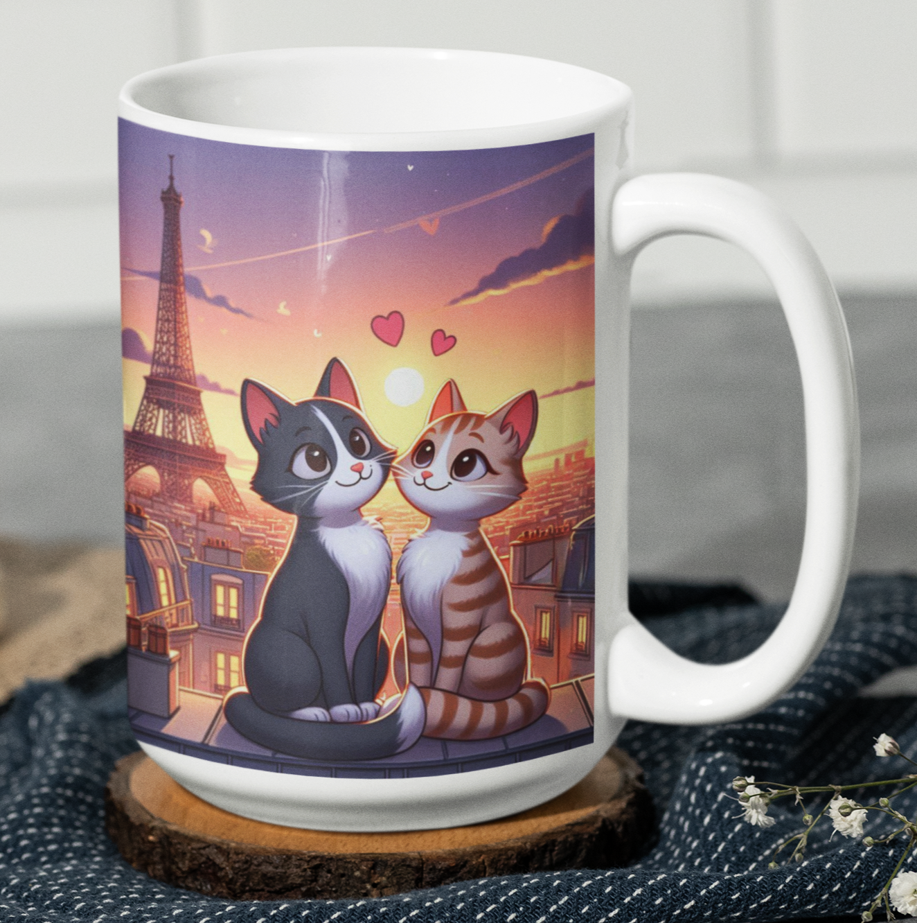 Taza Gatitos Enamorados en París  -Taza Blanca 15 oz - Taza Gato