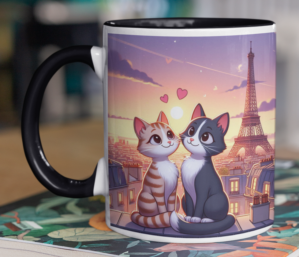 Taza Gatitos Enamorados en París  -Taza Blanca y Negra 11 oz - Taza Gato