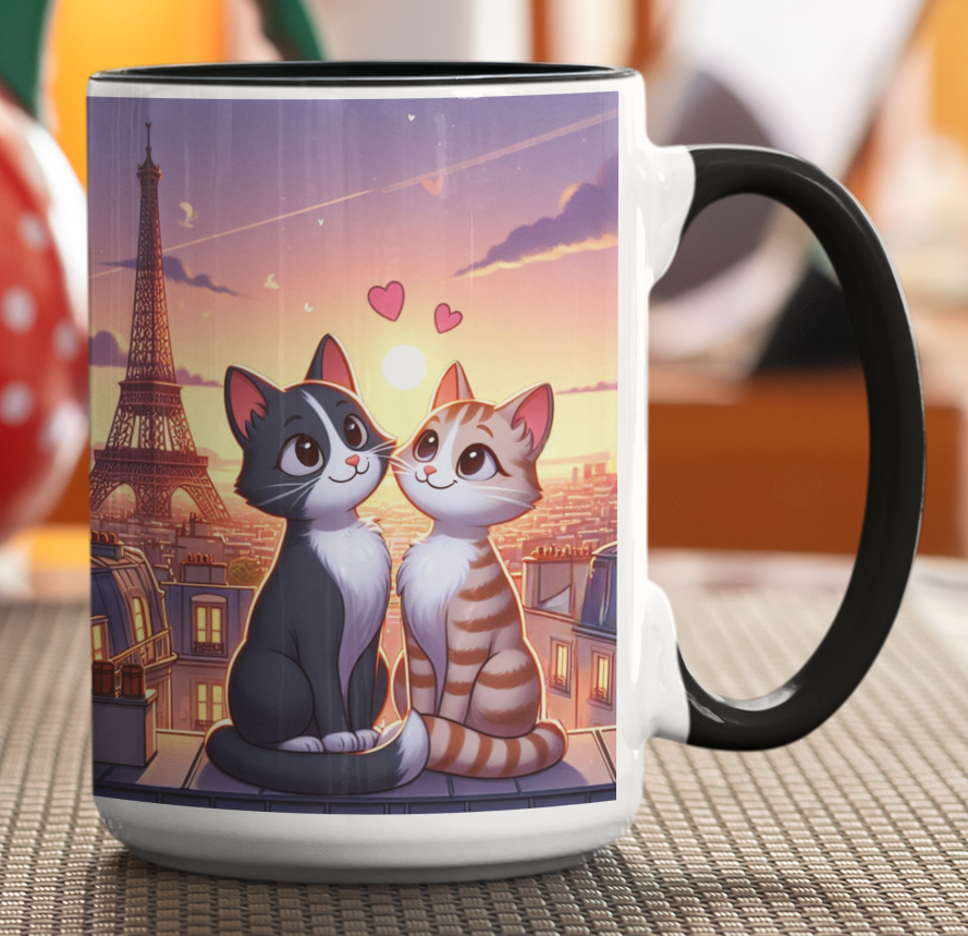 Taza Gatitos Enamorados en París  -Taza Blanca y Negra 15 oz - Taza Gato