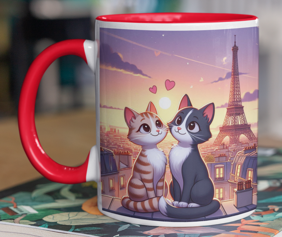 Taza Gatitos Enamorados en París  -Taza Blanca y Roja 11 oz - Taza Gato