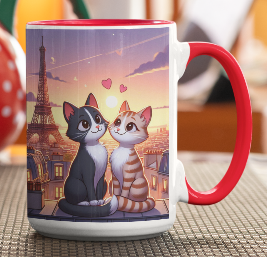 Taza Gatitos Enamorados en París  -Taza Blanca y Roja 15 oz - Taza Gato