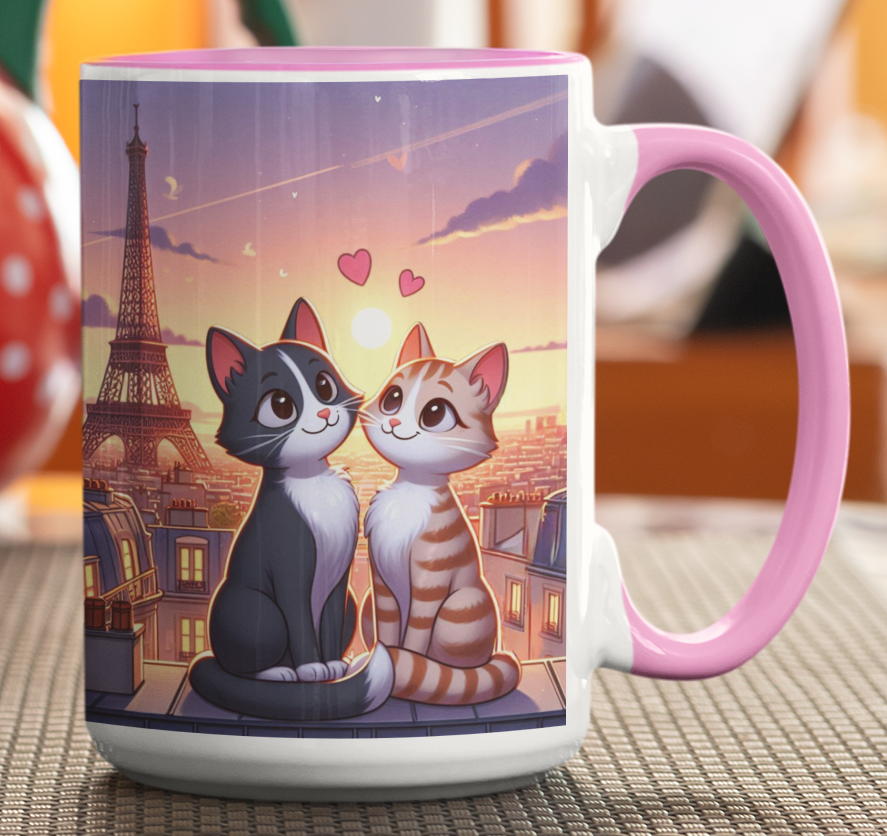 Taza Gatitos Enamorados en París  -Taza Blanca y Rosada 15 oz - Taza Gato