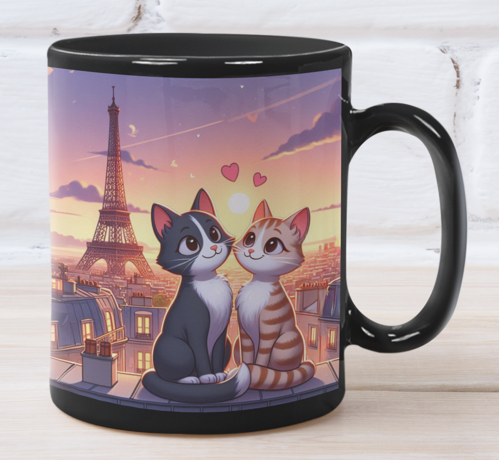 Taza Gatitos Enamorados en París  -Taza Negra 11 oz - Taza Gato