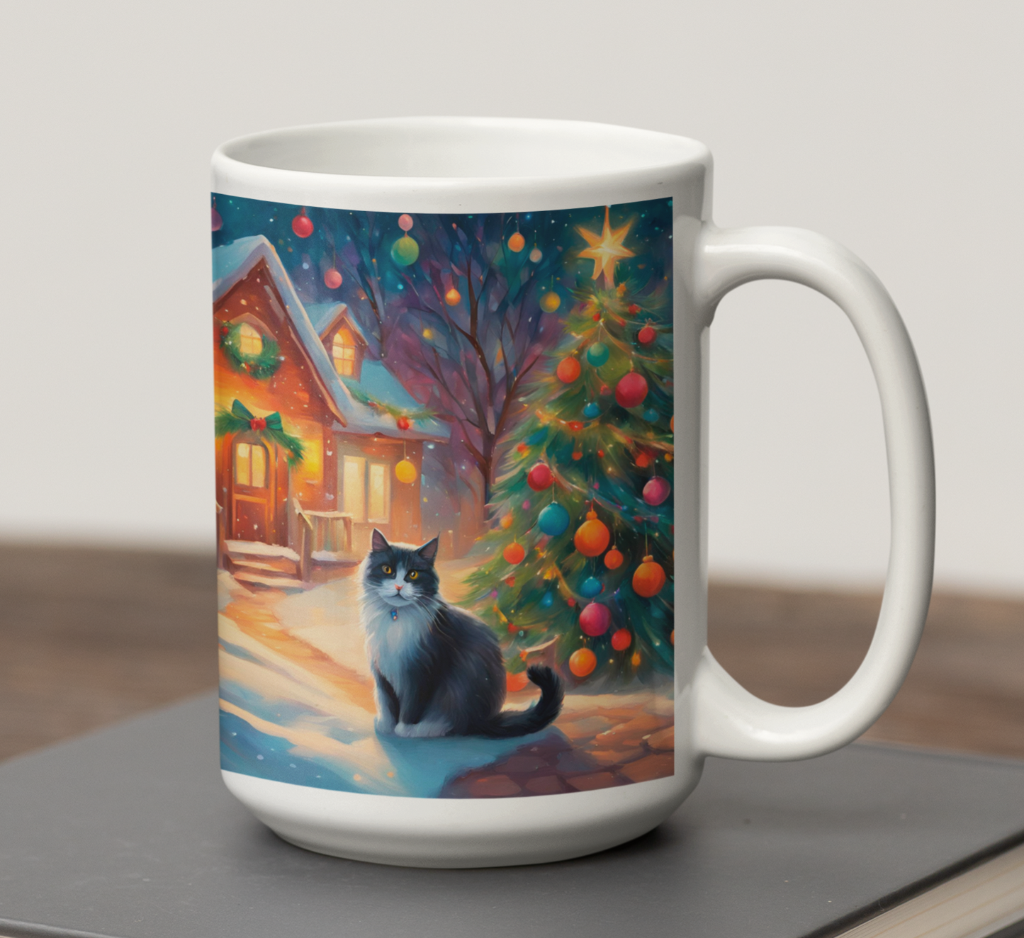 Taza Gato Blanco y Negro Navideño  Taza Navidad Taza Navideña
