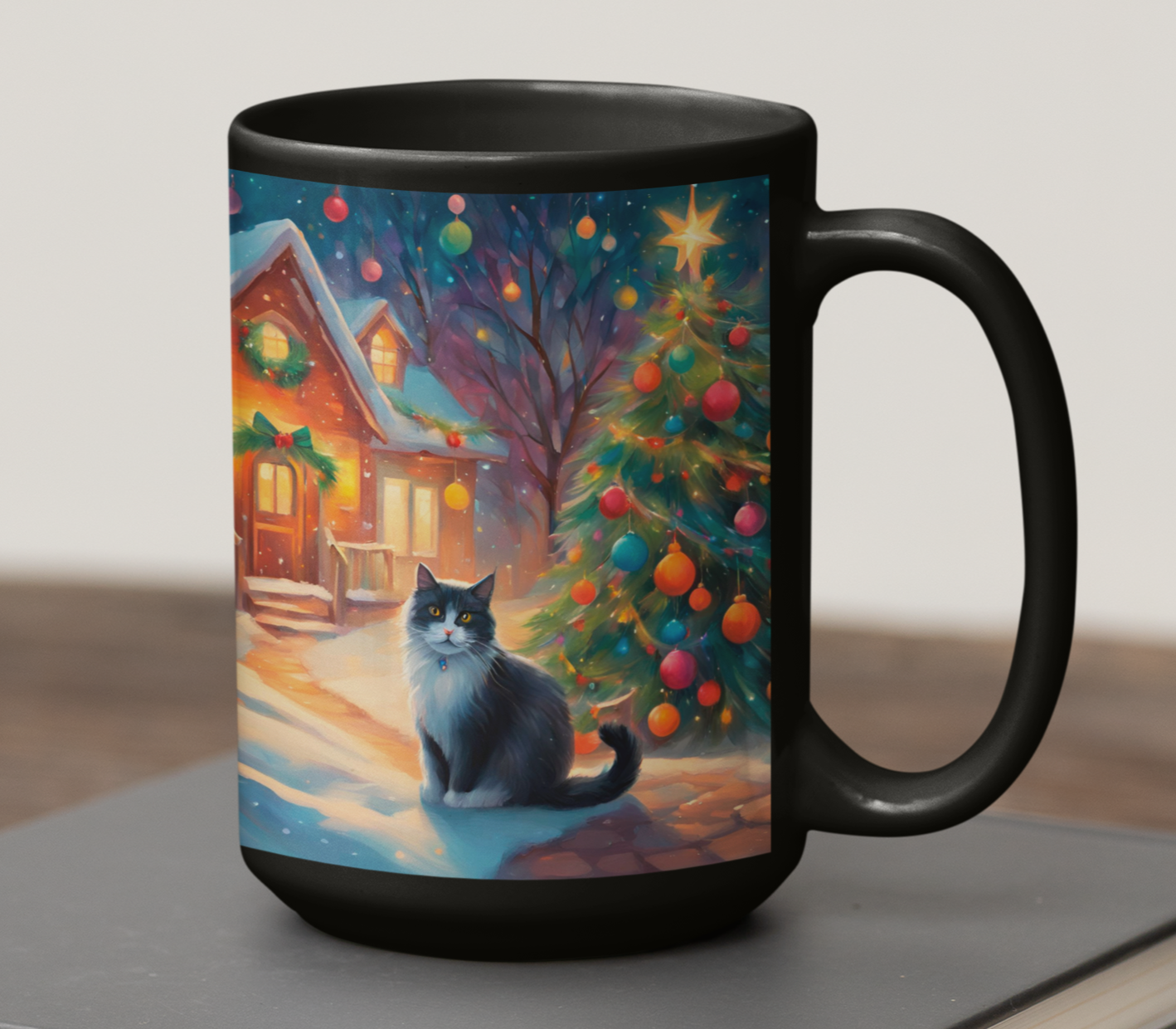 Taza Gato Blanco y Negro Navideño  Taza Navidad Taza Navideña