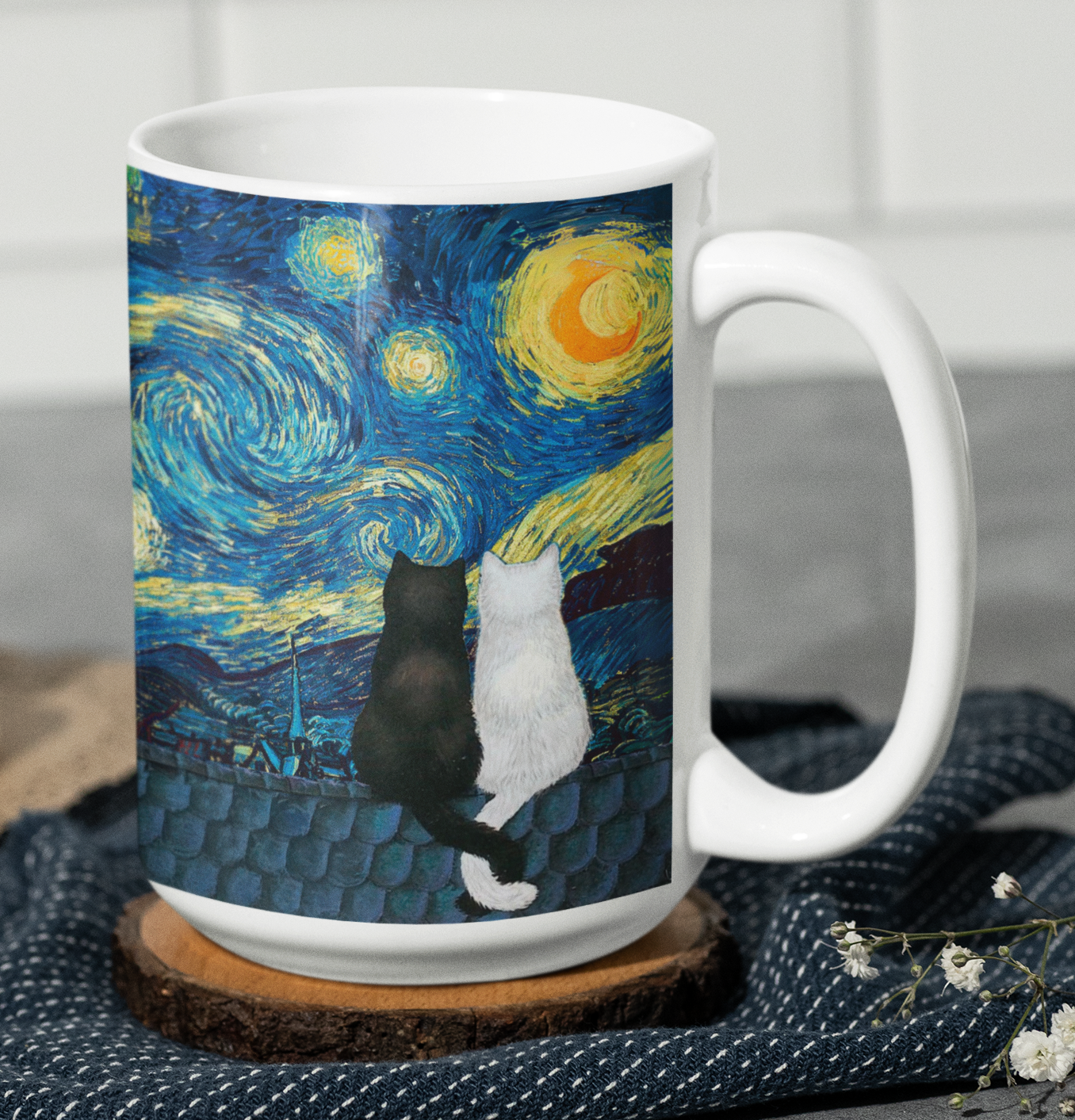 Taza Gatitos Enamorados en La Noche Estrellada - Taza San Valentín para Parejas