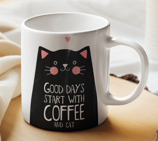Taza Good Days Start with Cat _ Taza Blanca 11 oz _ Taza Gatos