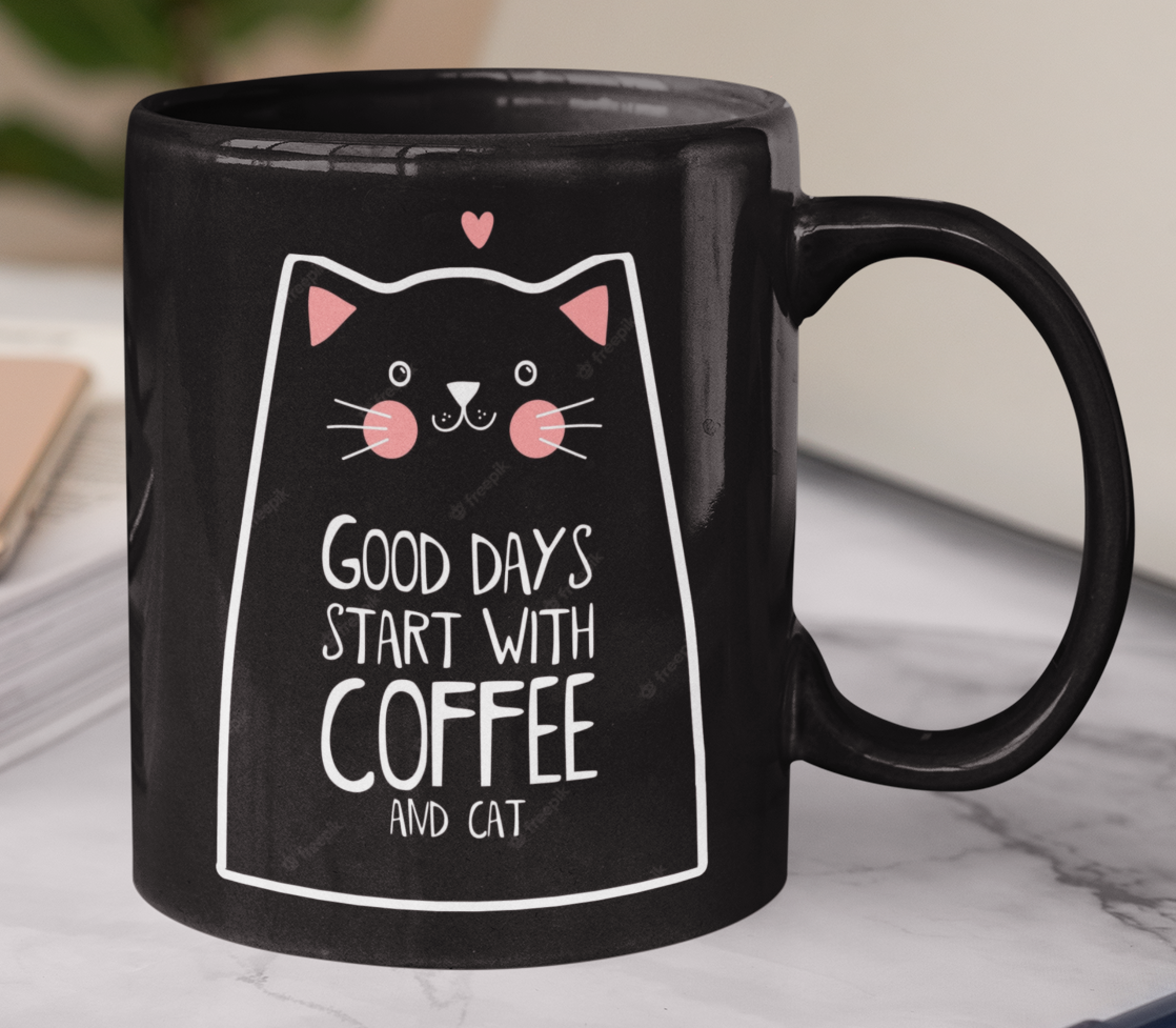 Taza Good Days Start with Cat _ Taza Negra 15 oz _ Taza Gatos