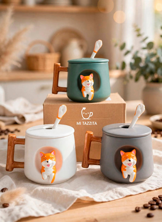 Taza Hachiko en 3D con Tapa y Cuchara | Taza de Perros