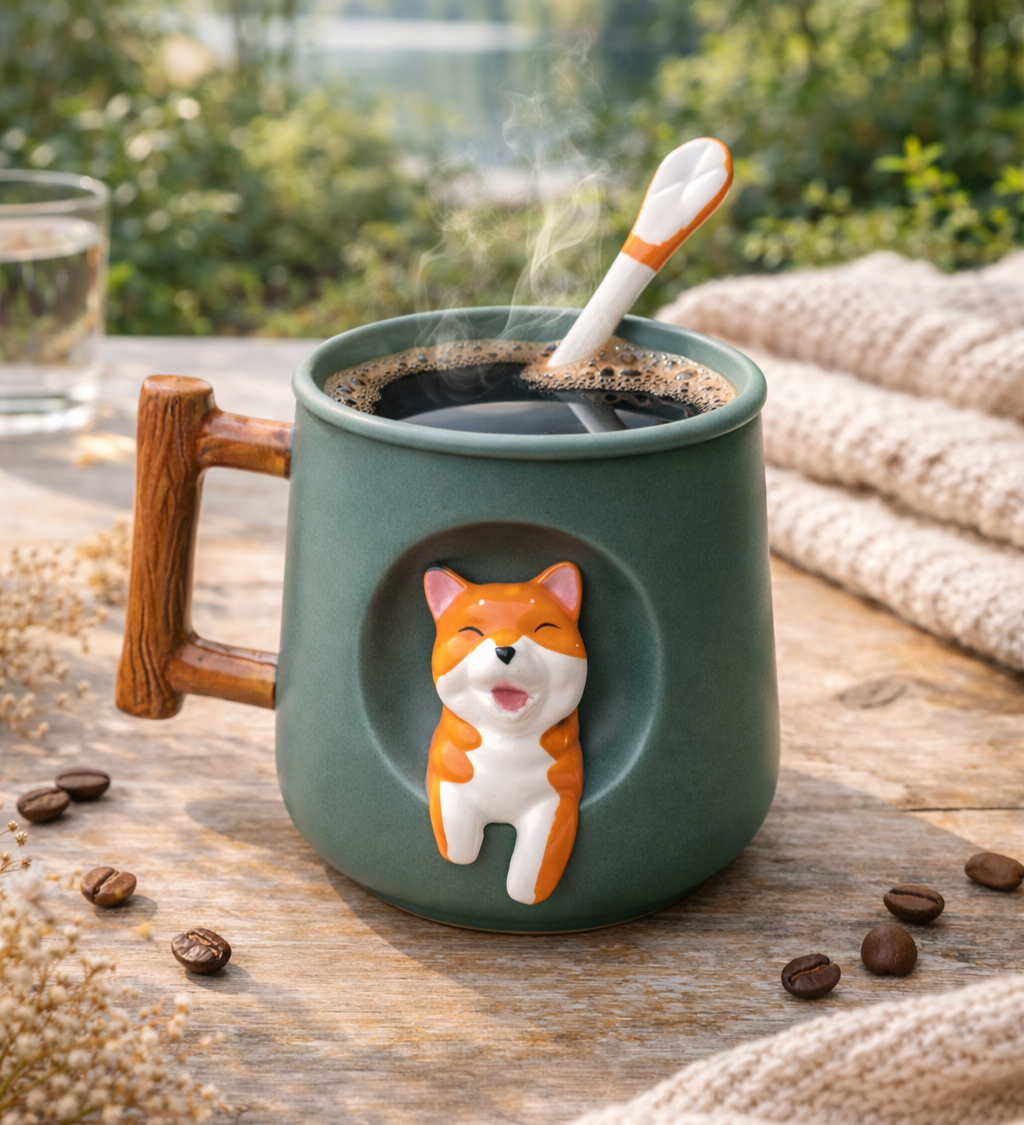 Taza Verde de Hachiko en 3D con Tapa y Cuchara | Taza de Perros