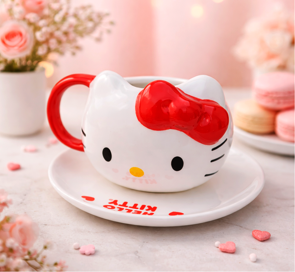 Taza Hello Kitty Lazo Rojo con Plato | Tazas Hello Kitty