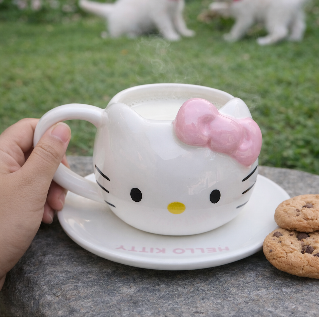 Taza Hello Kitty Listón Rosado con Plato | Tazas Hello Kitty