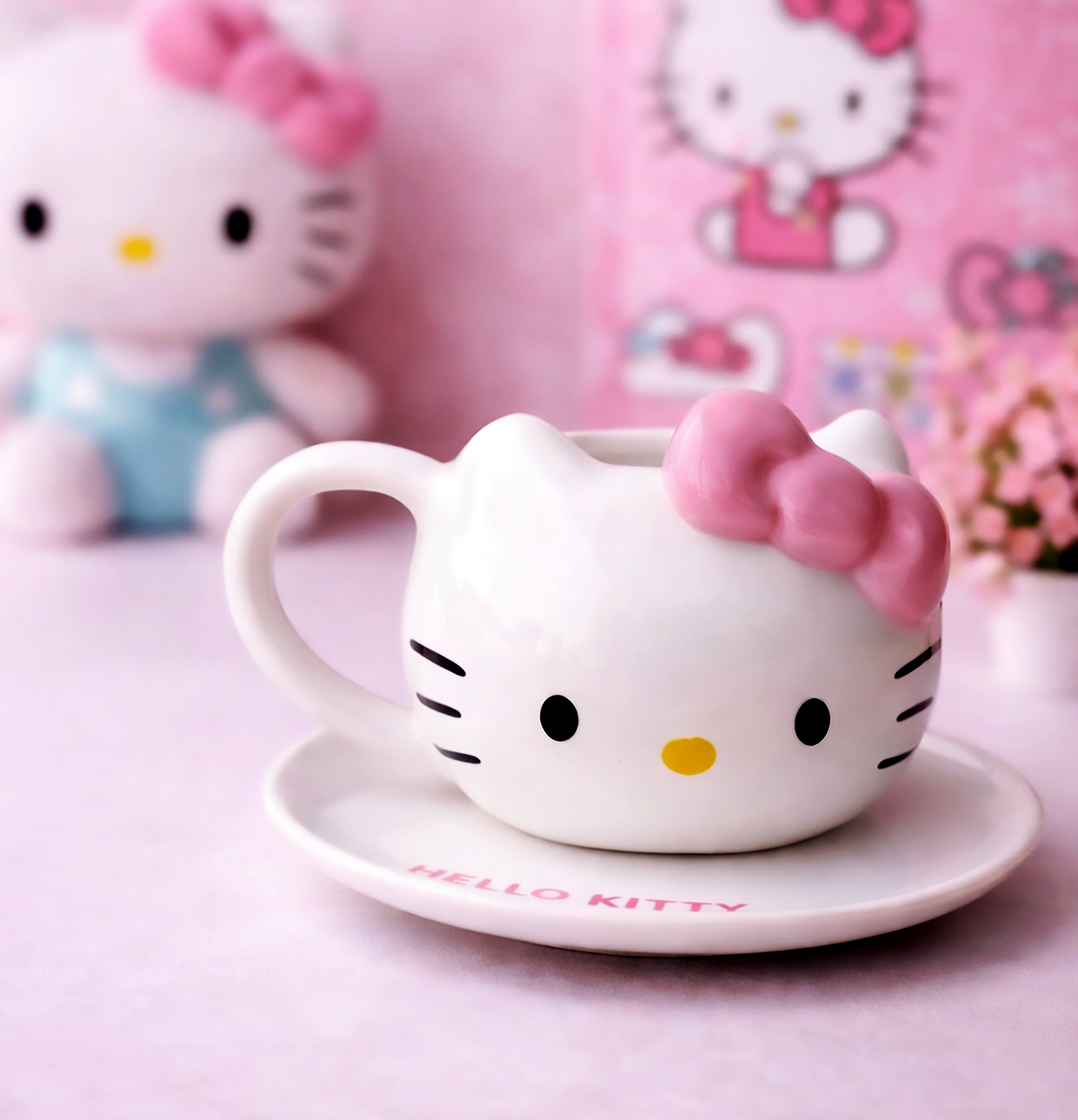 Taza Hello Kitty Listón Rosado con Plato | Tazas Hello Kitty