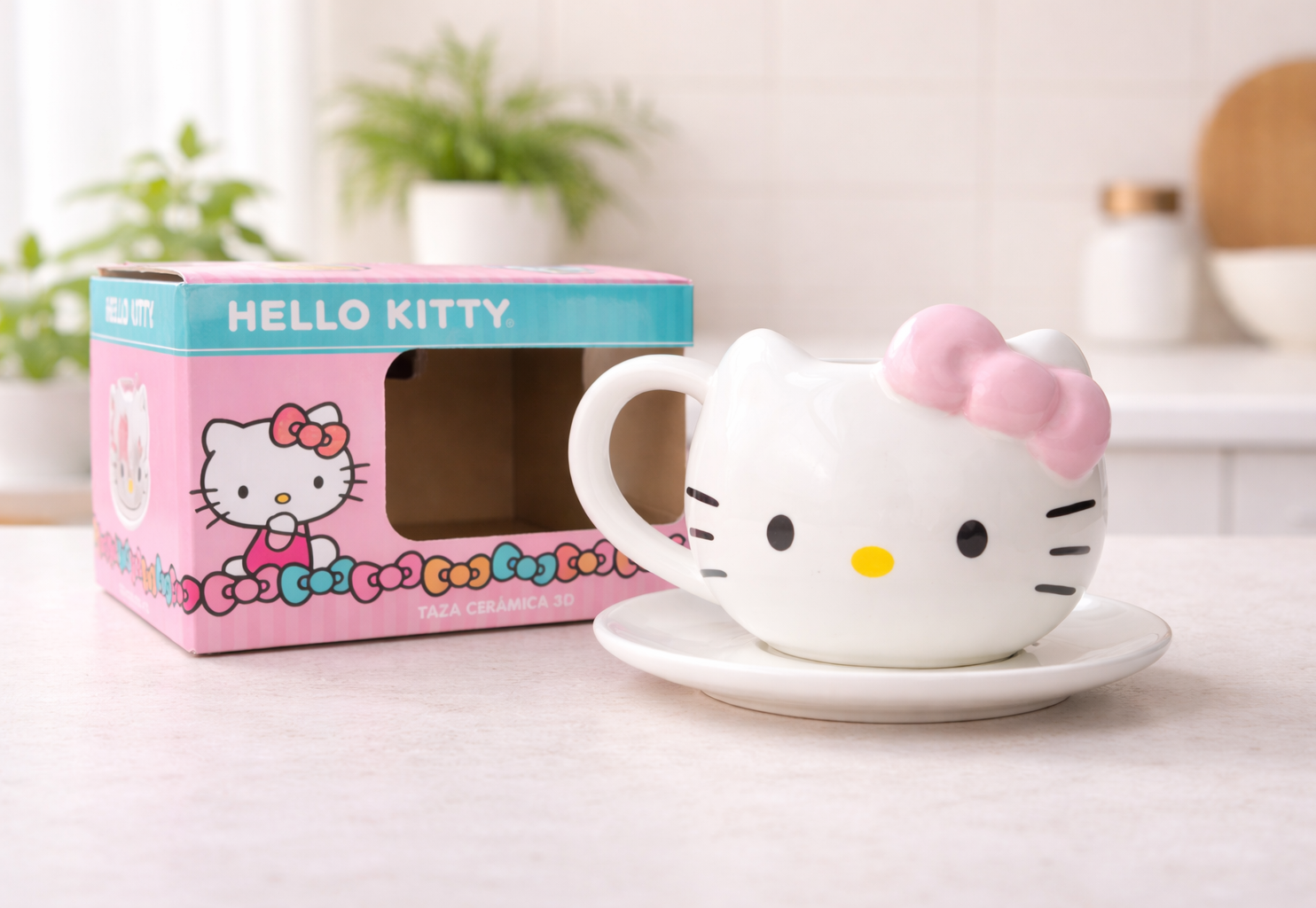 Taza Hello Kitty Listón Rosado con Plato | Tazas Hello Kitty