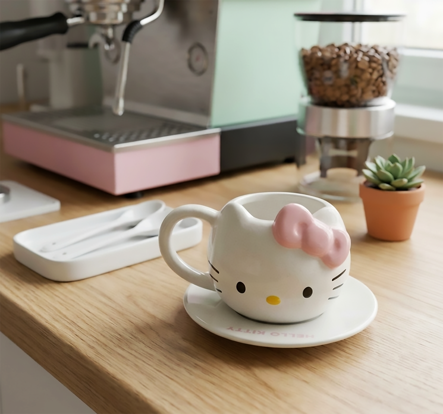 Taza Hello Kitty Listón Rosado con Plato | Tazas Hello Kitty