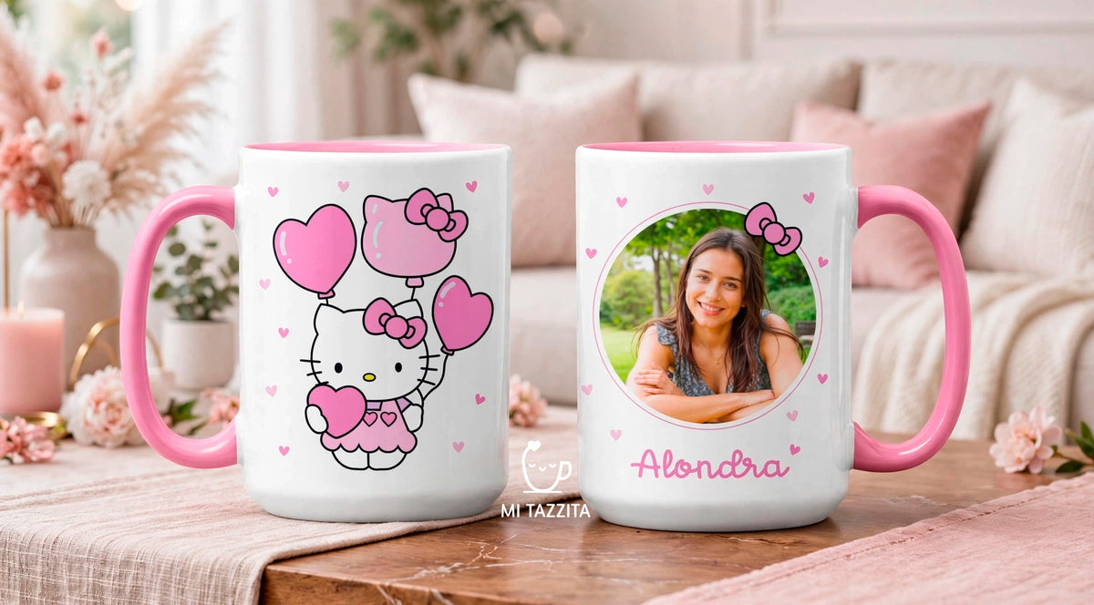 Taza Hello Kitty Personalizado con Foto y Nombre | Tazas Hello Kitty - Taza Blanca y Rosada de 15 oz.