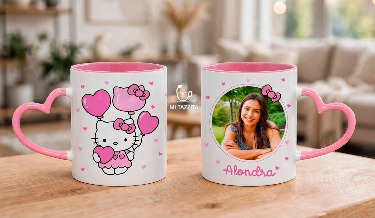 Taza Hello Kitty Personalizado con Foto y Nombre | Tazas Hello Kitty - Taza Asa de Corazón Blanco y Rosado de 11 oz.