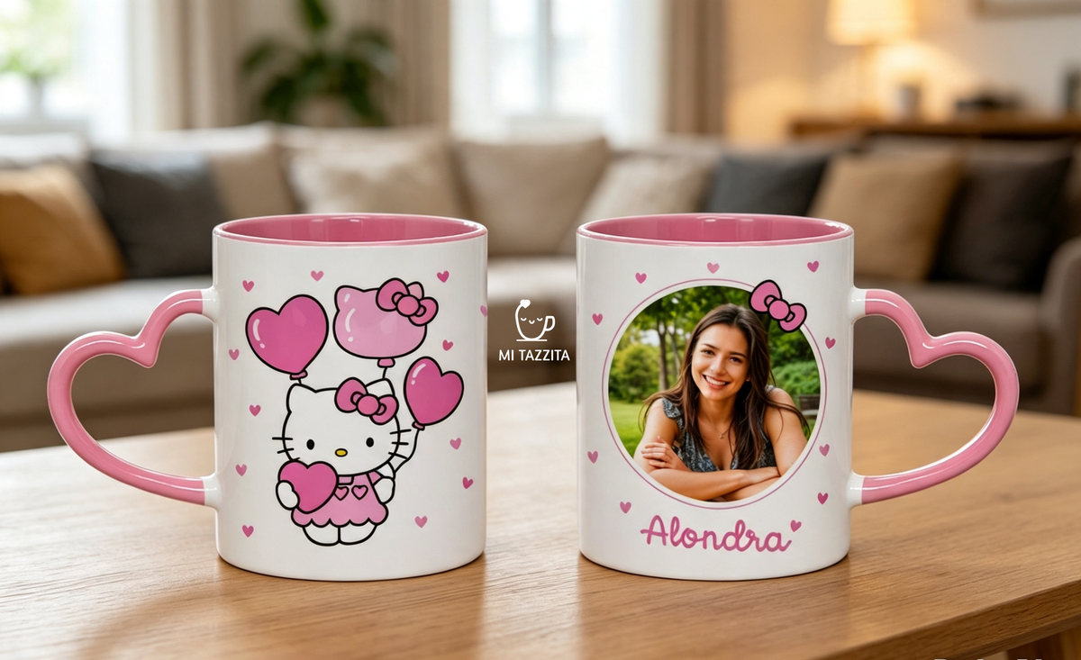 Taza Hello Kitty Personalizado con Foto y Nombre | Tazas Hello Kitty - Taza de Asa de Corazón Blanca y Rosada de 11 oz.