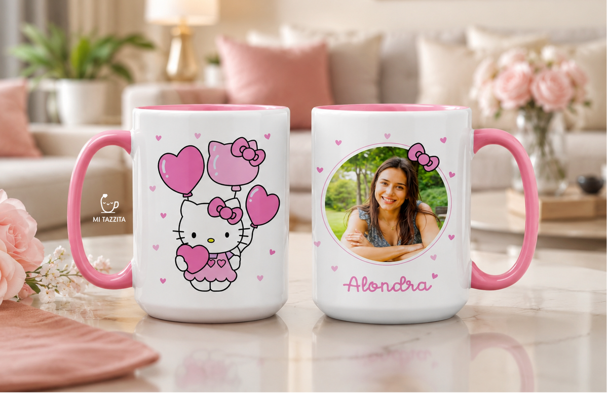 Taza Hello Kitty Personalizado con Foto y Nombre | Tazas Hello Kitty - Taza Blanca y Rosada de 15 oz.